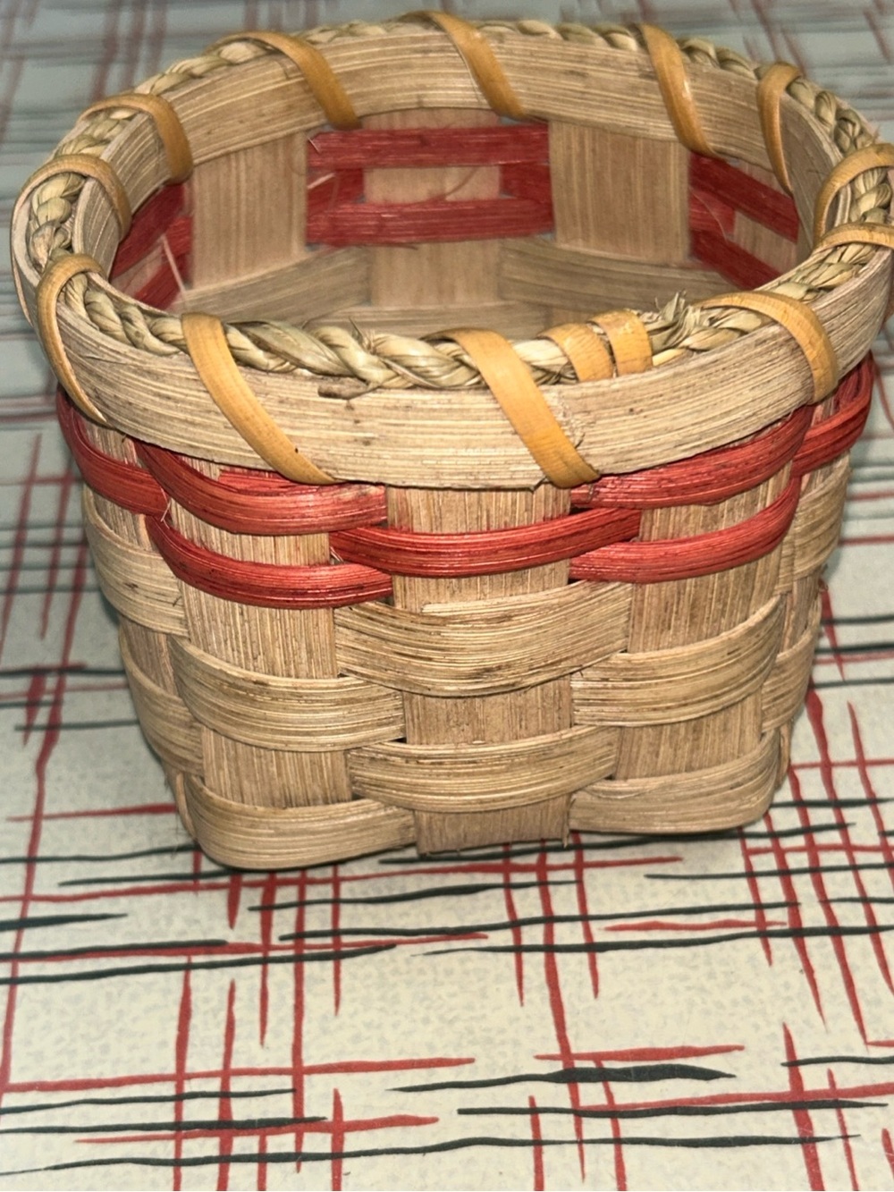 Vintage Small Hand Woven Basket With Red Detailing